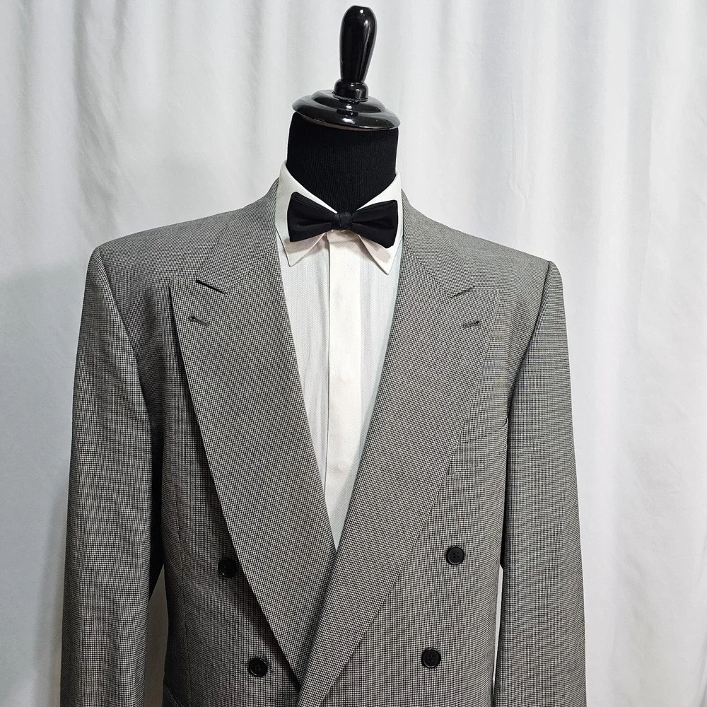 Vtg Joseph Abboud Suit Double Breasted Peak 48 XLong 36x34 Houndstooth 100% Wool